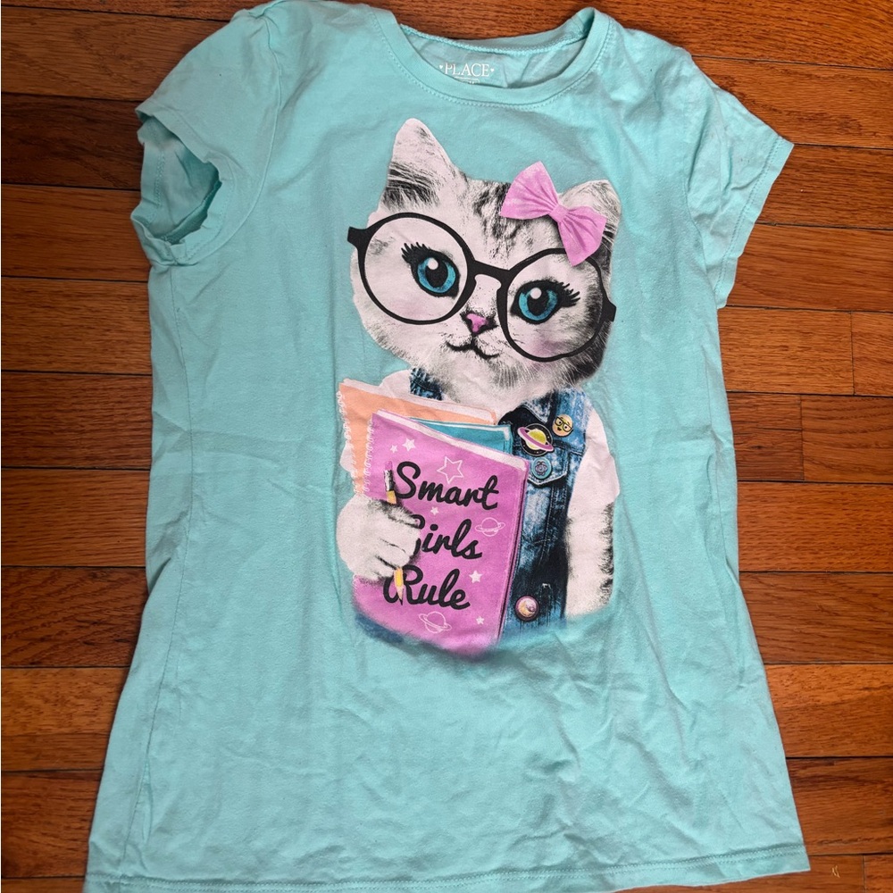 Place Aqua Shirt with Cat Graphic